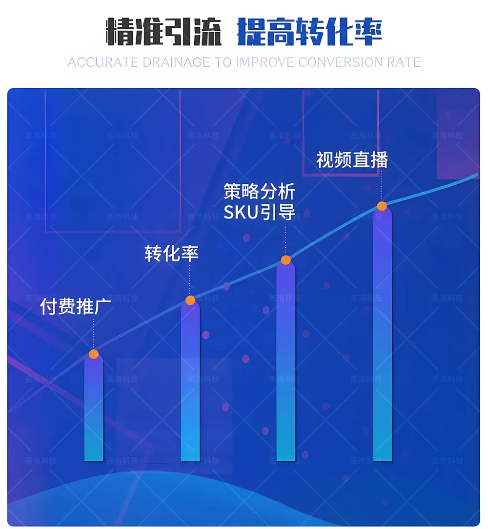 善海科技精准引流转化方案：通过付费推广、SKU优化及视频直播布局，为商家构建多渠道流量闭环，提升店铺运营效率。
