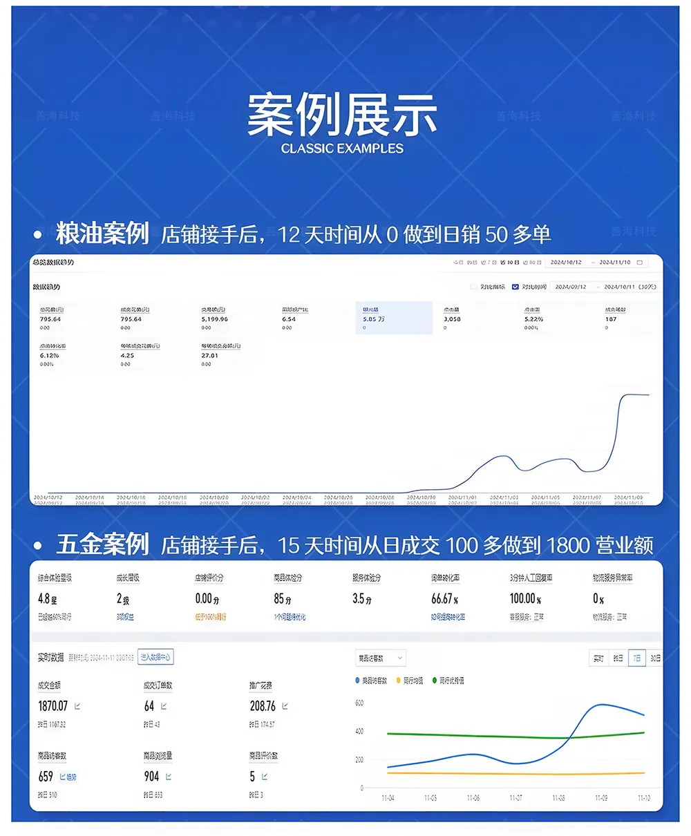 善海科技多类目代运营案例：涵盖粮油、五金类目，展示团队在店铺冷启动、精细化运营及爆单方面的专业实战能力。